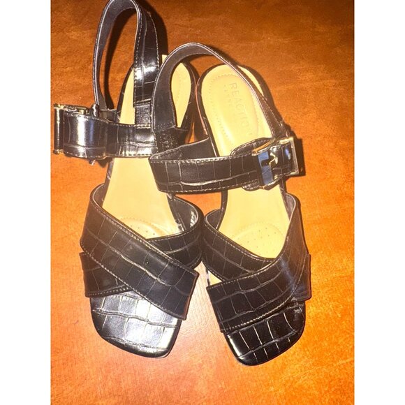 Reaction Kenneth Cole Womens Black Croc-Embossed Sandals Size 5 - Picture 1 of 5